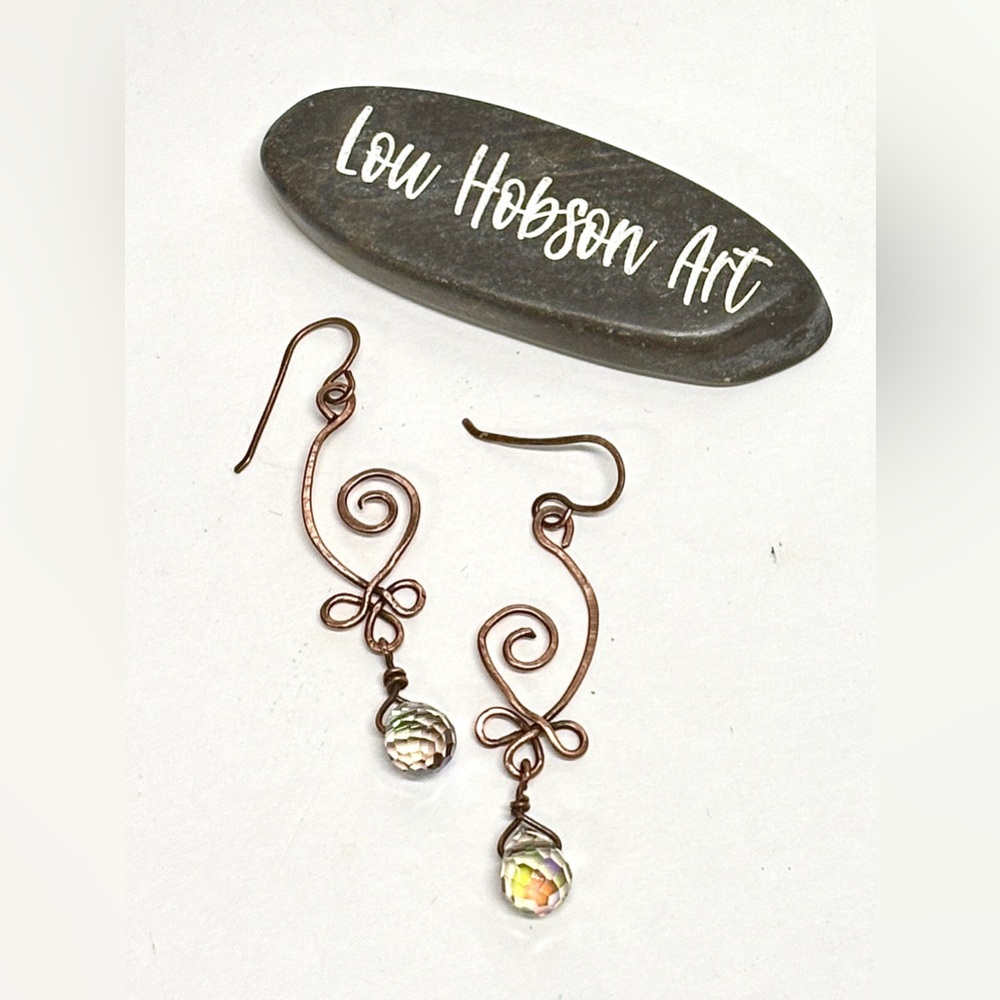 HAND CRAFTED Iridescent Crystal Wire Wrapped Copper Modern Dangle Earrings